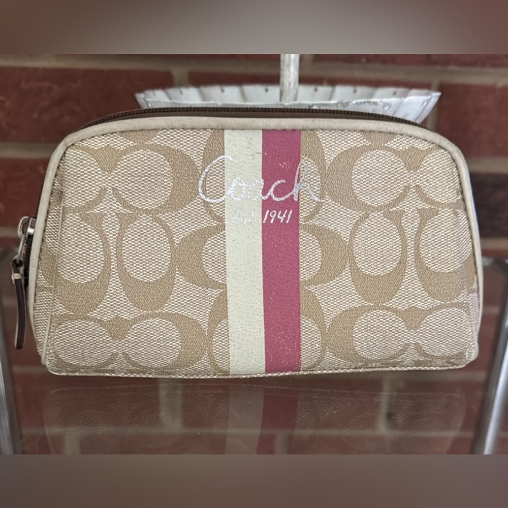 Coach Tan and Pink Wallet with Signature Monogram - Picture 1 of 6